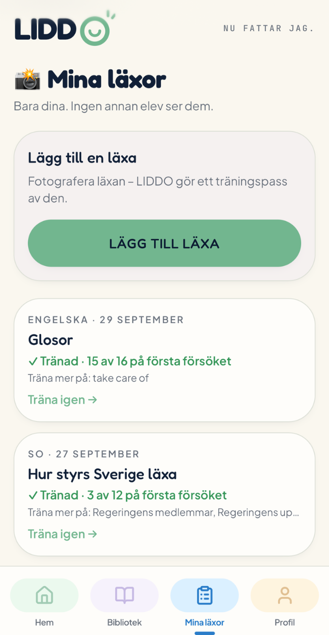 Mina läxor i LIDDO med träningspass skapade från fotograferade läxor